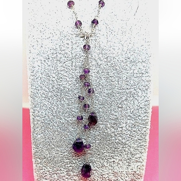 Natural Briolette Amethyst 10x6mm 925‎ Sterling Silver Necklace 17.5" - Picture 4 of 5